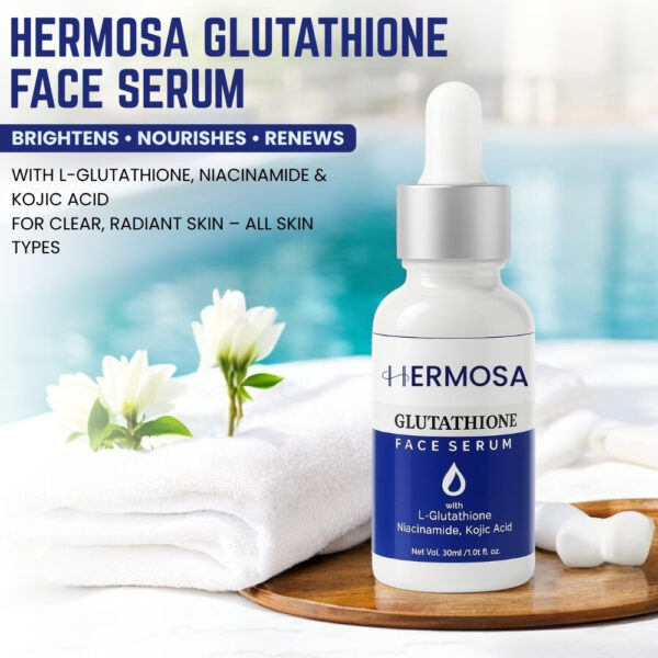 Hermosa Glutathione Face Serum bottle with towel, flowers, and lemon, highlighting brightening and nourishing skincare benefits.