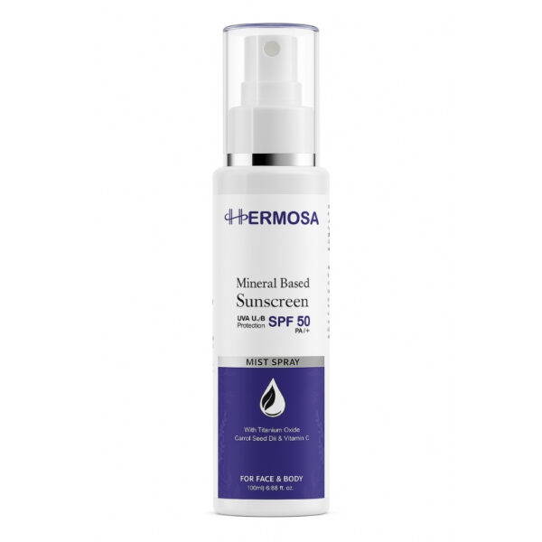 Hermosa Mineral Sunscreen Mist SPF 50 PA++ – Broad Spectrum UVA/UVB Protection with Titanium Dioxide, Carrot Seed Oil & Vitamin C
